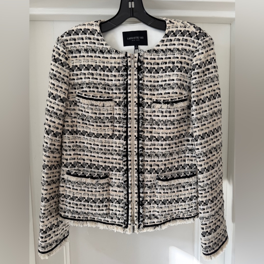Lafayette 148 New York Textured Black and Cream Blazer pockets tweed